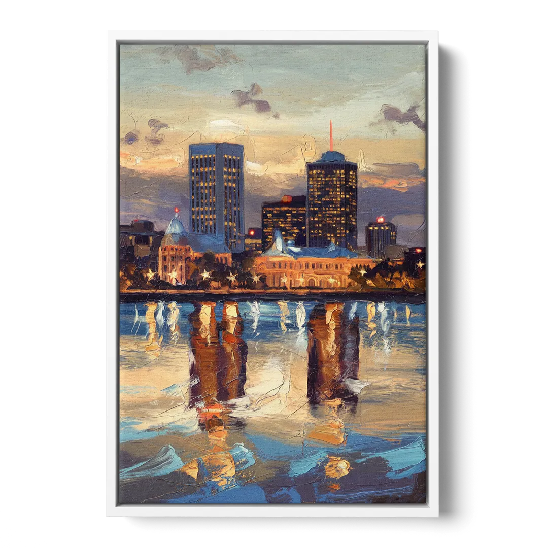 Providence Cityscape Reflection Mirror - White Frame Canvas