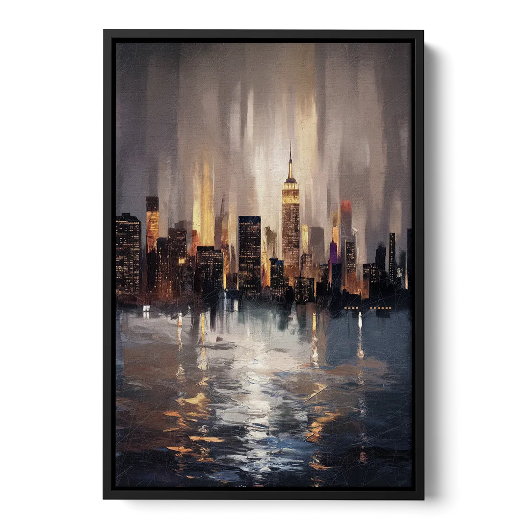 New York City Foggy Skyline Contrast Night - Black Frame Canvas