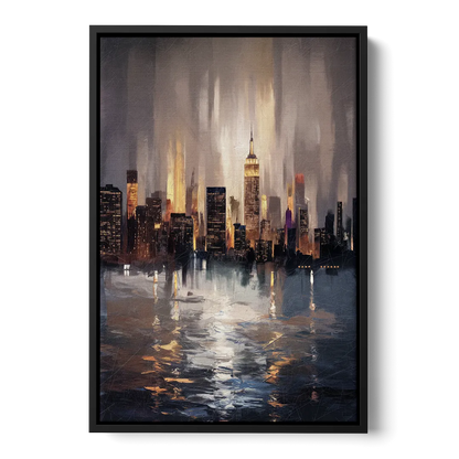 New York City Foggy Skyline Contrast Night - Black Frame Canvas