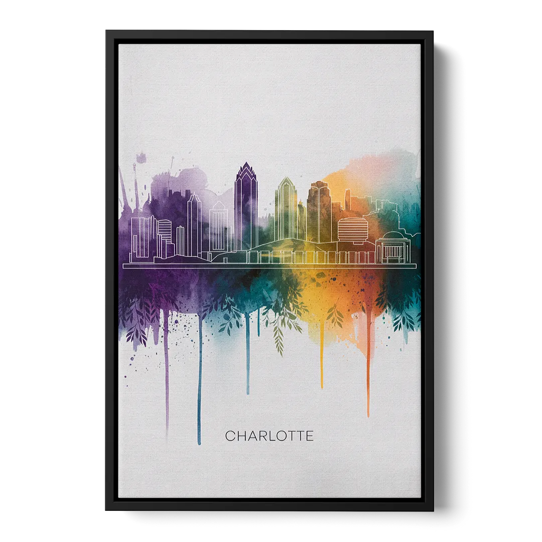 Charlotte Cityscape in Watercolor - Black Frame Canvas