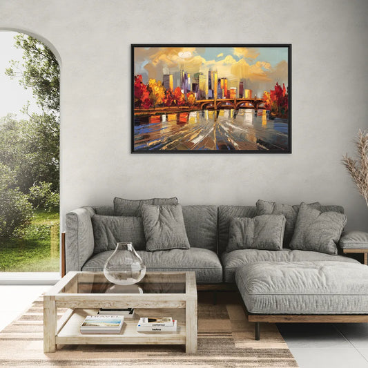 Minneapolis Mississippi River View - Living Room Black Frame Canvas