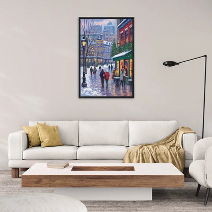 Quebec City Christmas Lights - Living Room Black Frame Canvas