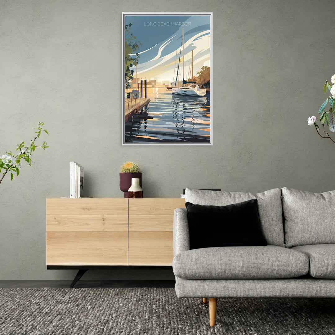 Long Beach Harbor and Sailboats - Living Room White Frame Canvas