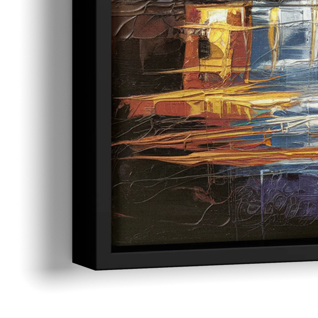 Kansas City Downtown By Night Panorama - Close-Up Black Frame Canvas