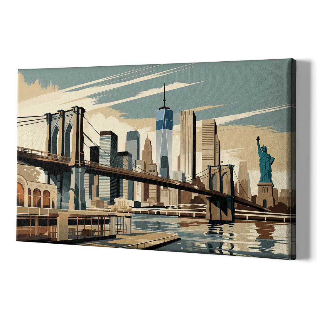 New York Brooklyn Bridge And Statue Of Liberty - Canvas Print Art Sides