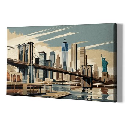 New York Brooklyn Bridge And Statue Of Liberty - Canvas Print Art Sides