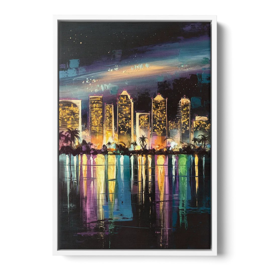 San Diego City Lights - White Frame Canvas
