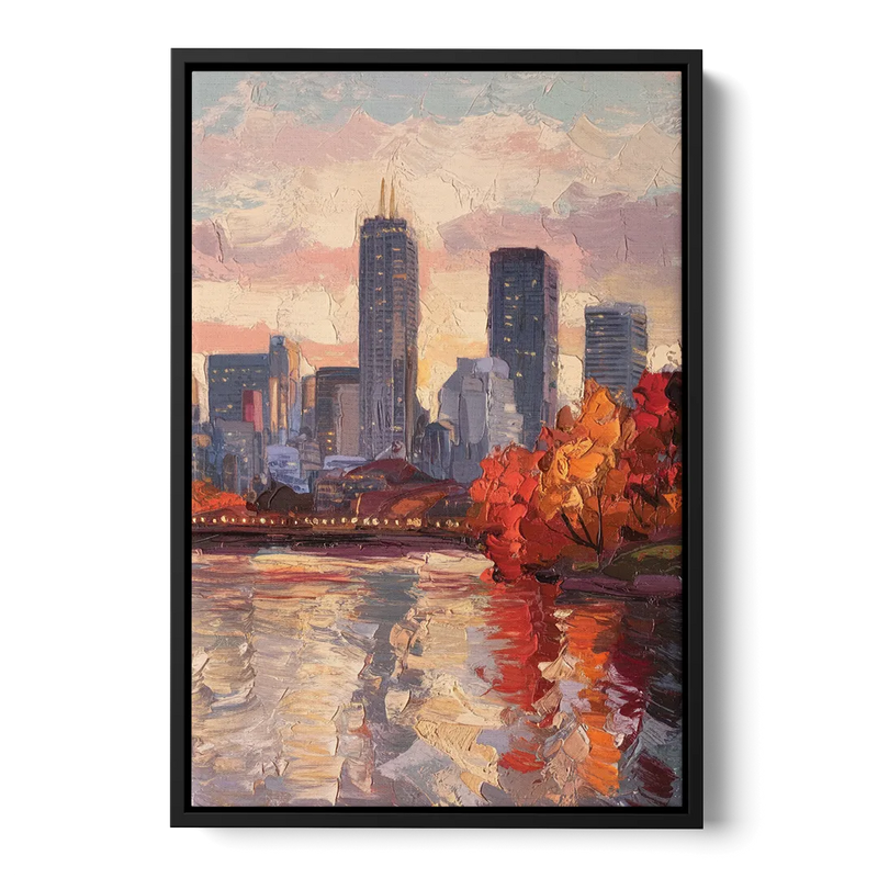 Boston Skyline with Fall Colors - Black Frame Canvas