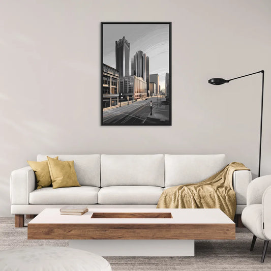 Detroit Downtown Streets - Living Room Black Frame Canvas