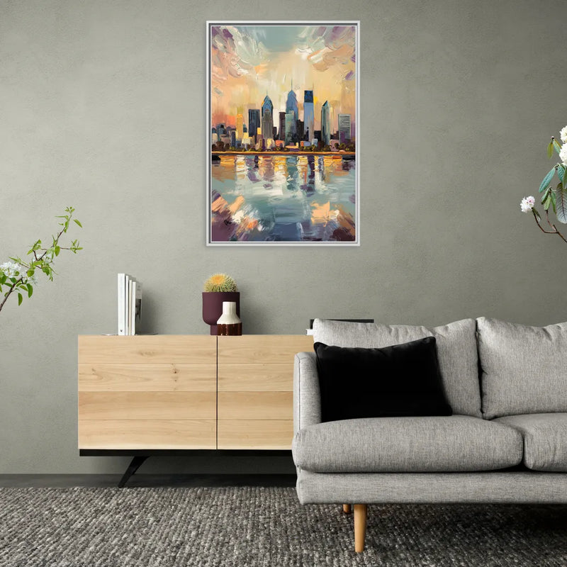 Philadelphia Skyline Reflections - Living Room White Frame Canvas