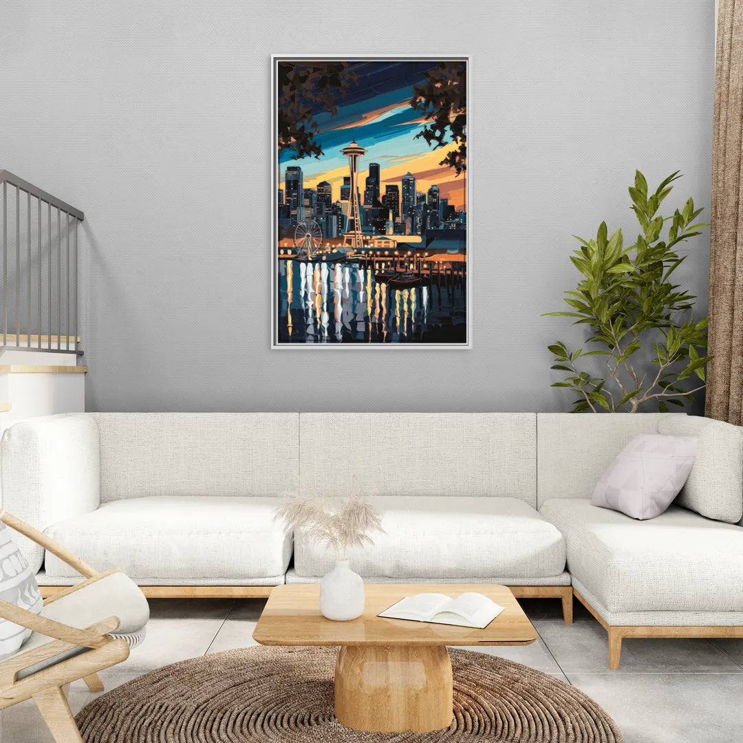 Seattle Waterfront at Twilight - Living Room White Frame Canvas