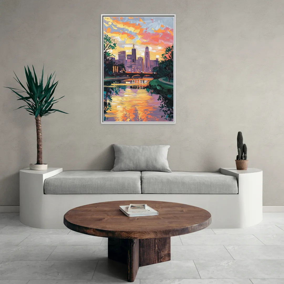 Augusta Sunset Over Skyline - Living Room White Frame Canvas