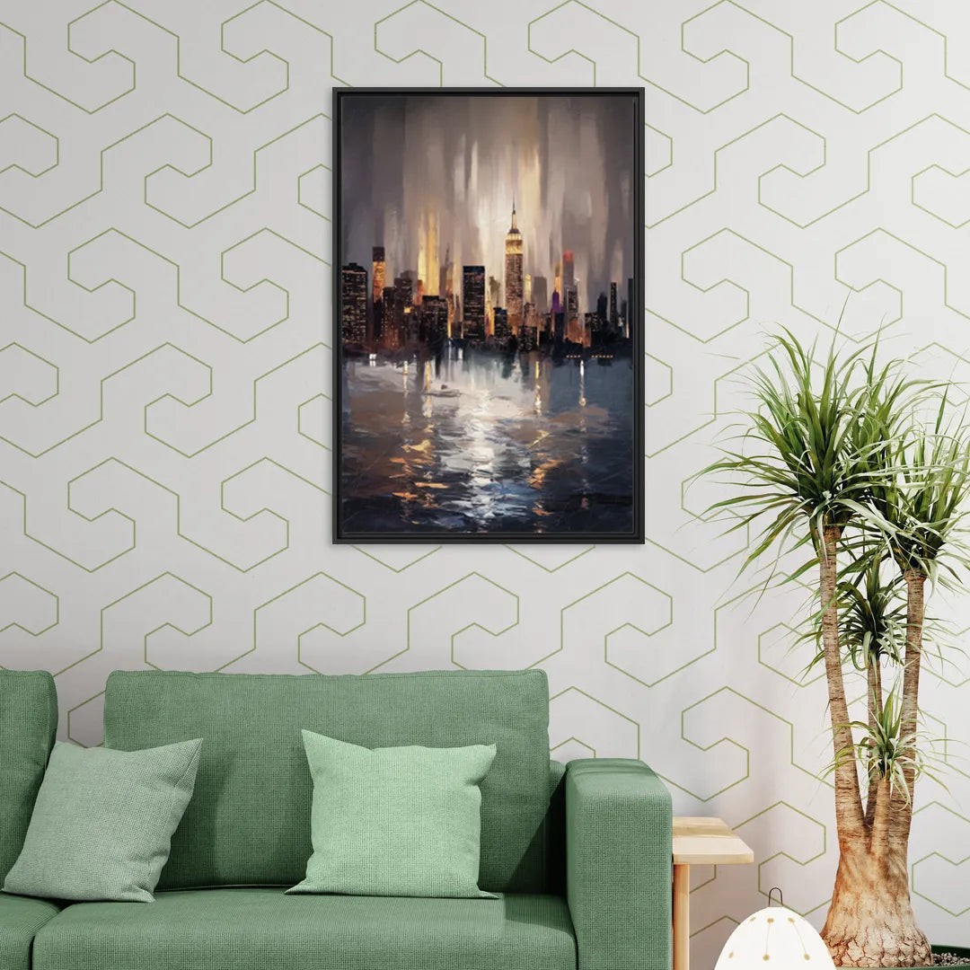 New York City Foggy Skyline Contrast Night - Living Room Black Frame Canvas