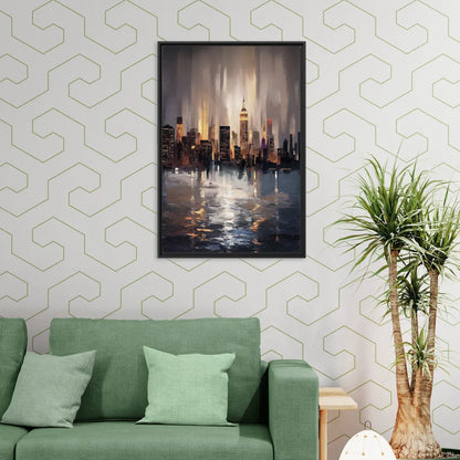 New York City Foggy Skyline Contrast Night - Living Room Black Frame Canvas