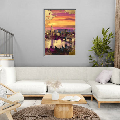 Portland Skyline Sunset - Living Room White Frame Canvas