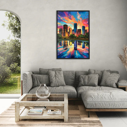 Houston Skyline Reflections - Living Room Black Frame Canvas
