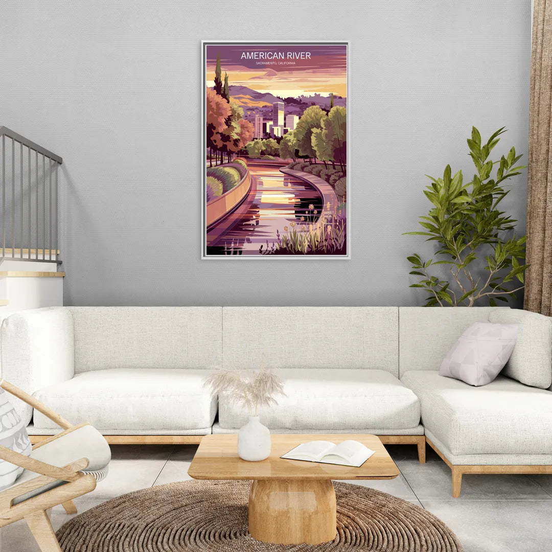 Sacramento American River Scene - Living Room White Frame Canvas