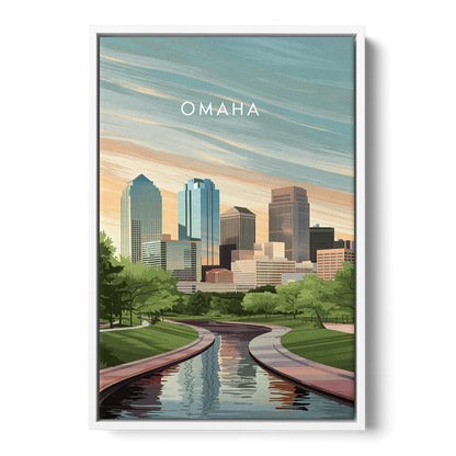 Omaha Downtown View - White Frame Canvas