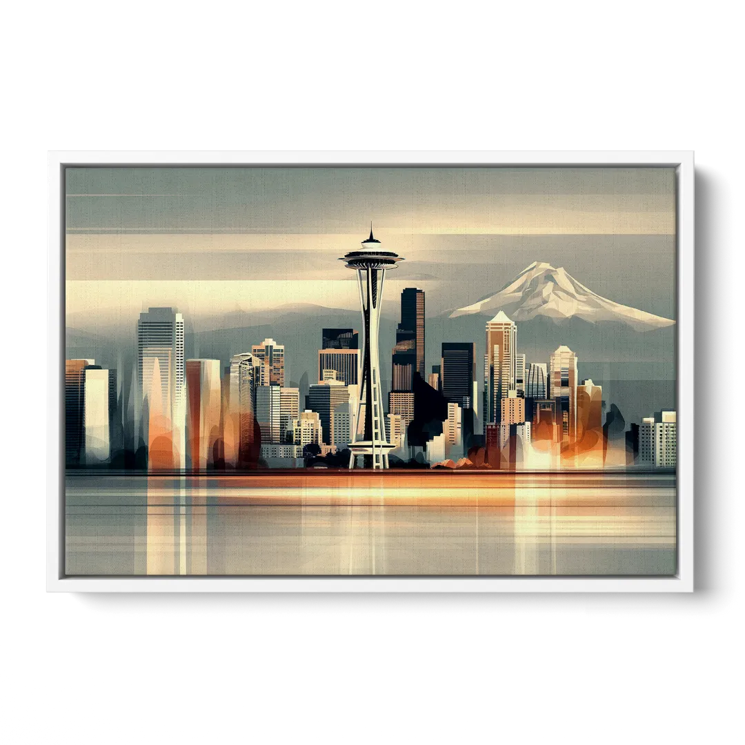 Seattle Urban Landscape - White Frame Canvas