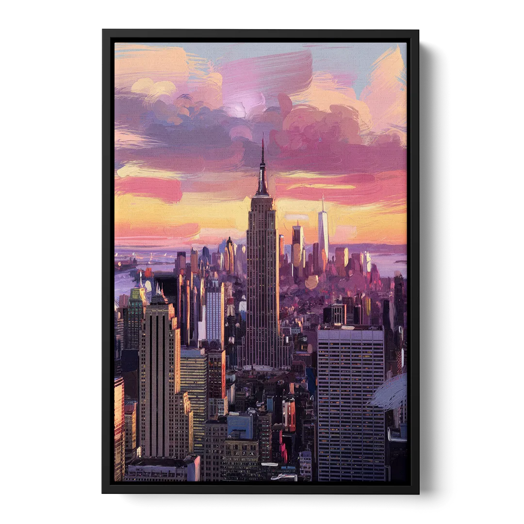 New York City Sunset Over Skyline - Black Frame Canvas