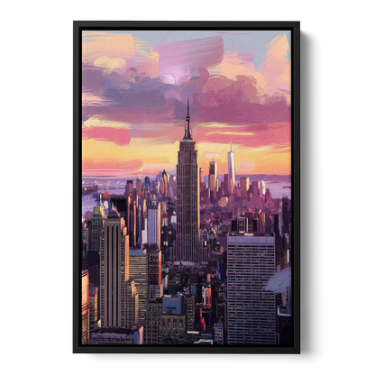 New York City Sunset Over Skyline - Black Frame Canvas