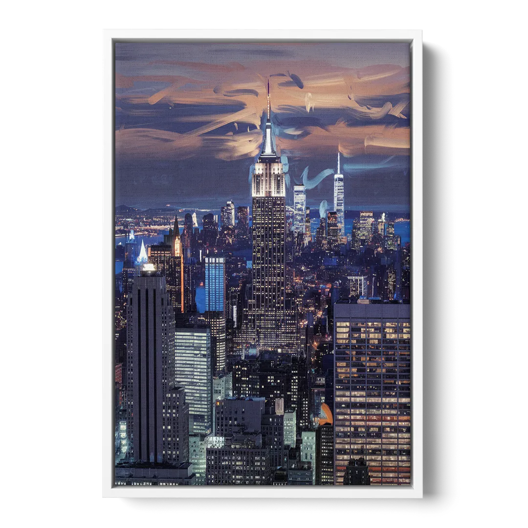 New York City Night Blue Lights Skyline - White Frame Canvas