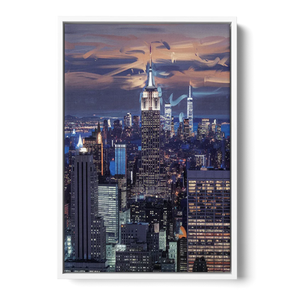 New York City Night Blue Lights Skyline - White Frame Canvas