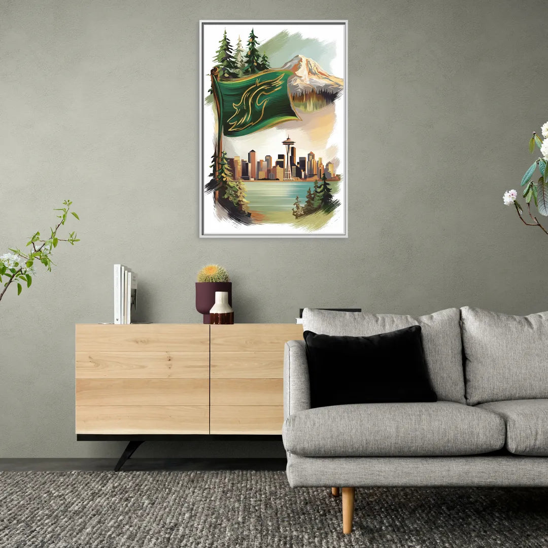 Washington Flags and Symbols - Living Room White Frame Canvas