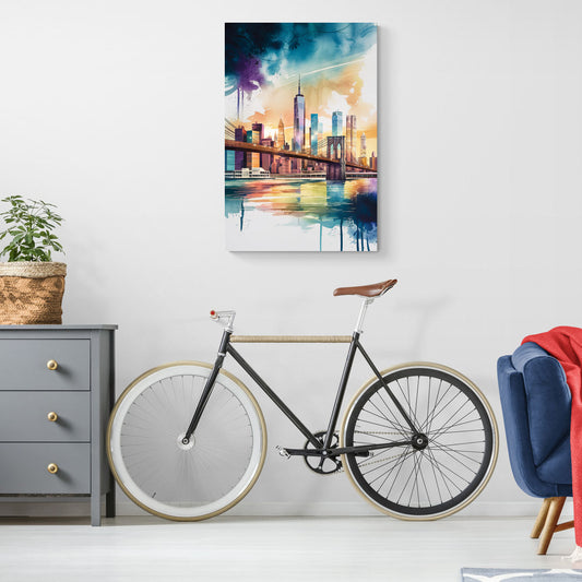 New York City Skyline in Watercolor Hudson - Canvas Wall Art Living Room