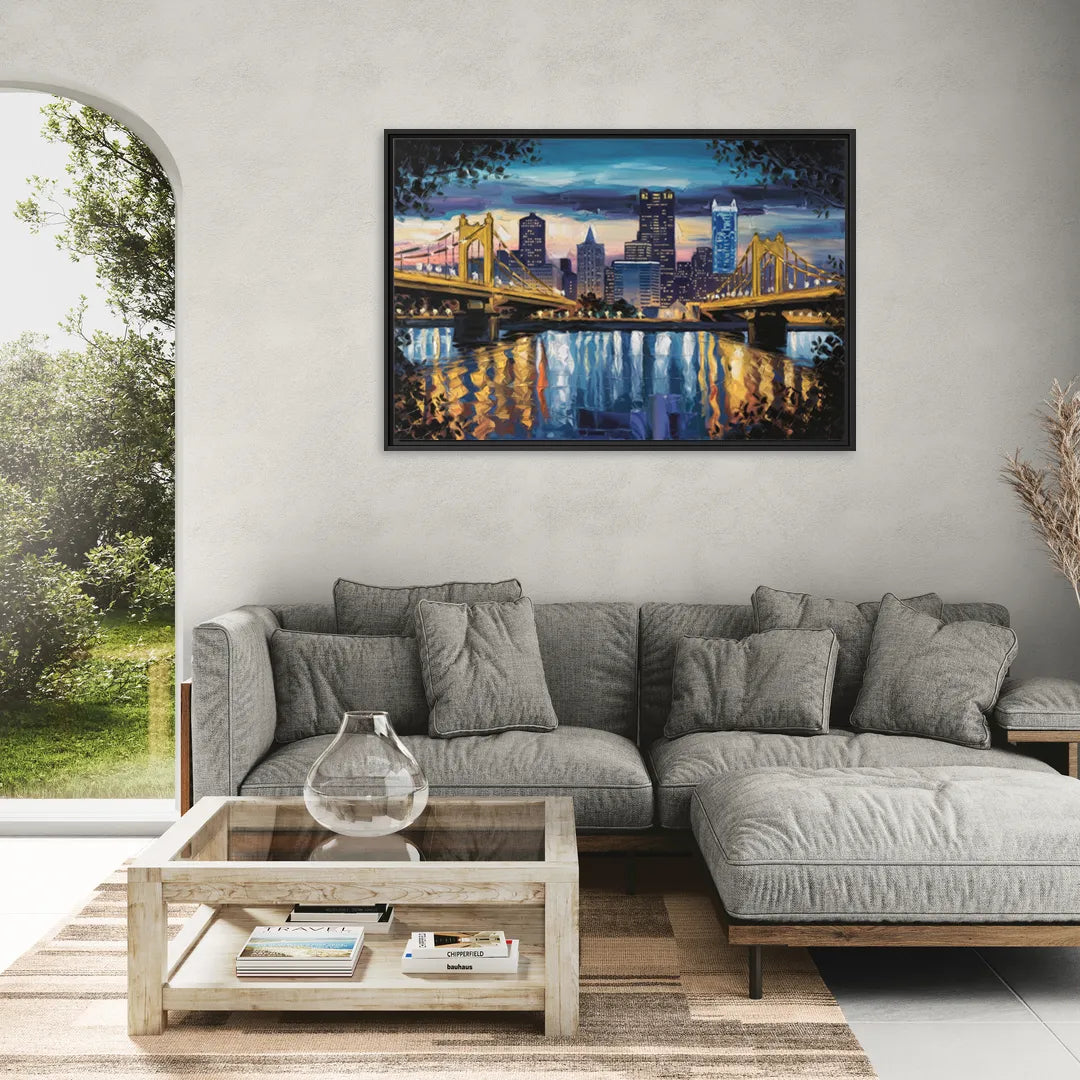 Pittsburgh Downtown Lights at Night - Living Room Black Frame Canvas