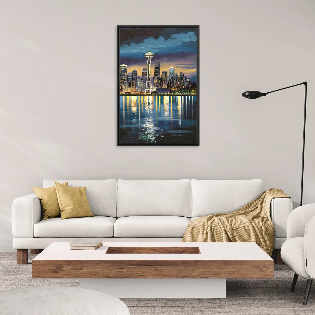 Seattle Skyline Reflection - Living Room Black Frame Canvas