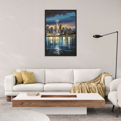 Seattle Skyline Reflection - Living Room Black Frame Canvas