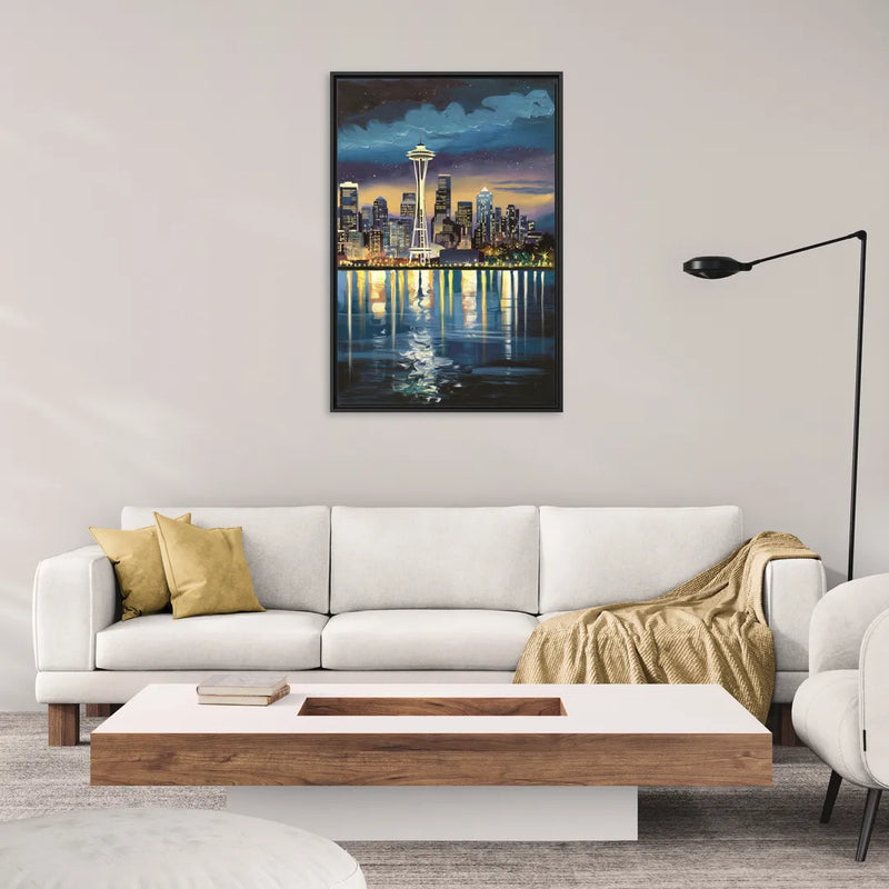 Seattle Skyline Reflection - Living Room Black Frame Canvas