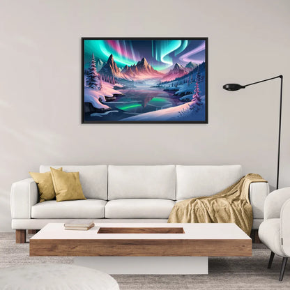 Aurora Snowy Peaks - Living Room Black Frame Canvas