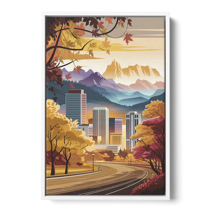 Denver Cityscape in Autumn - White Frame Canvas