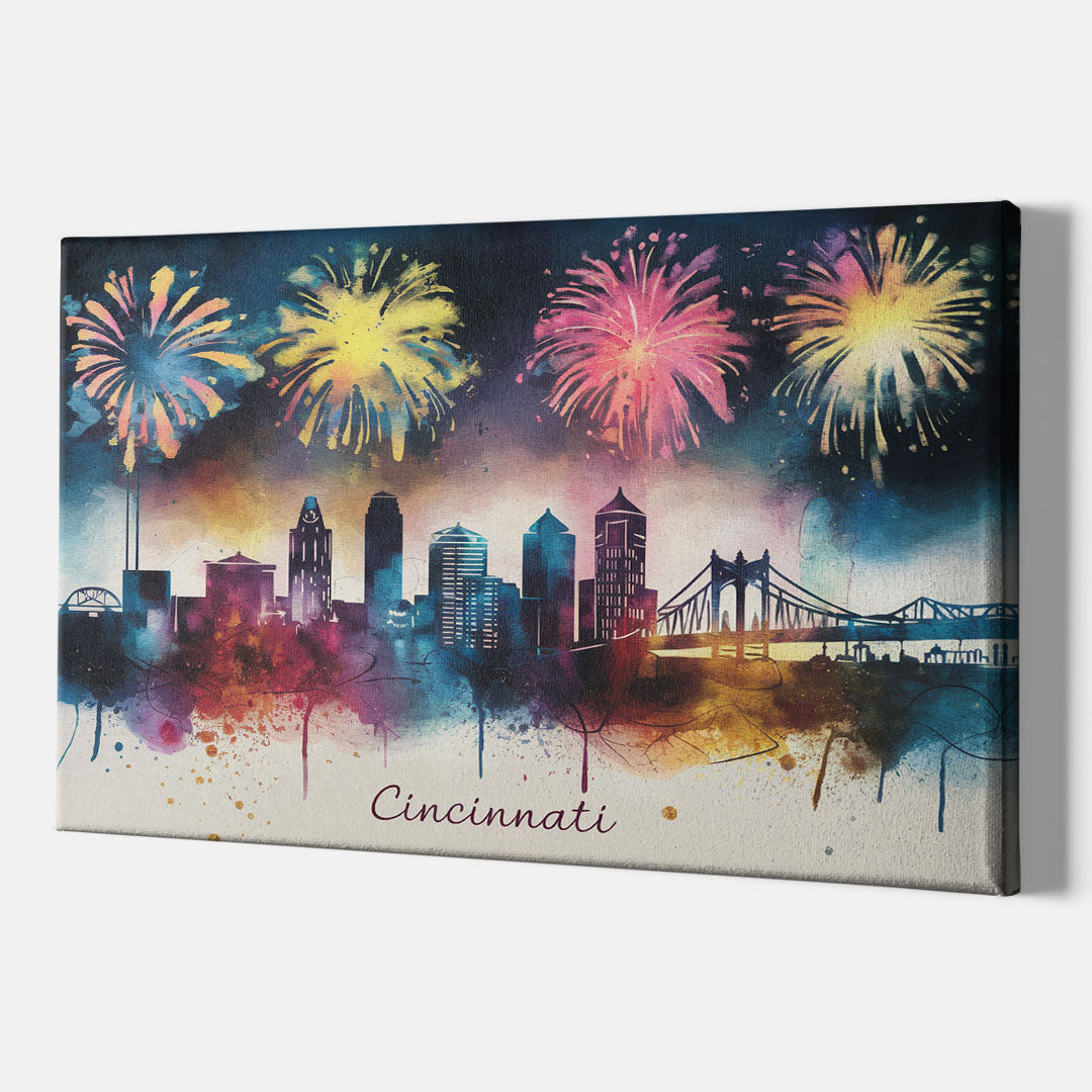 Cincinnati Skyline With Fireworks - Canvas Wall Art Indoor