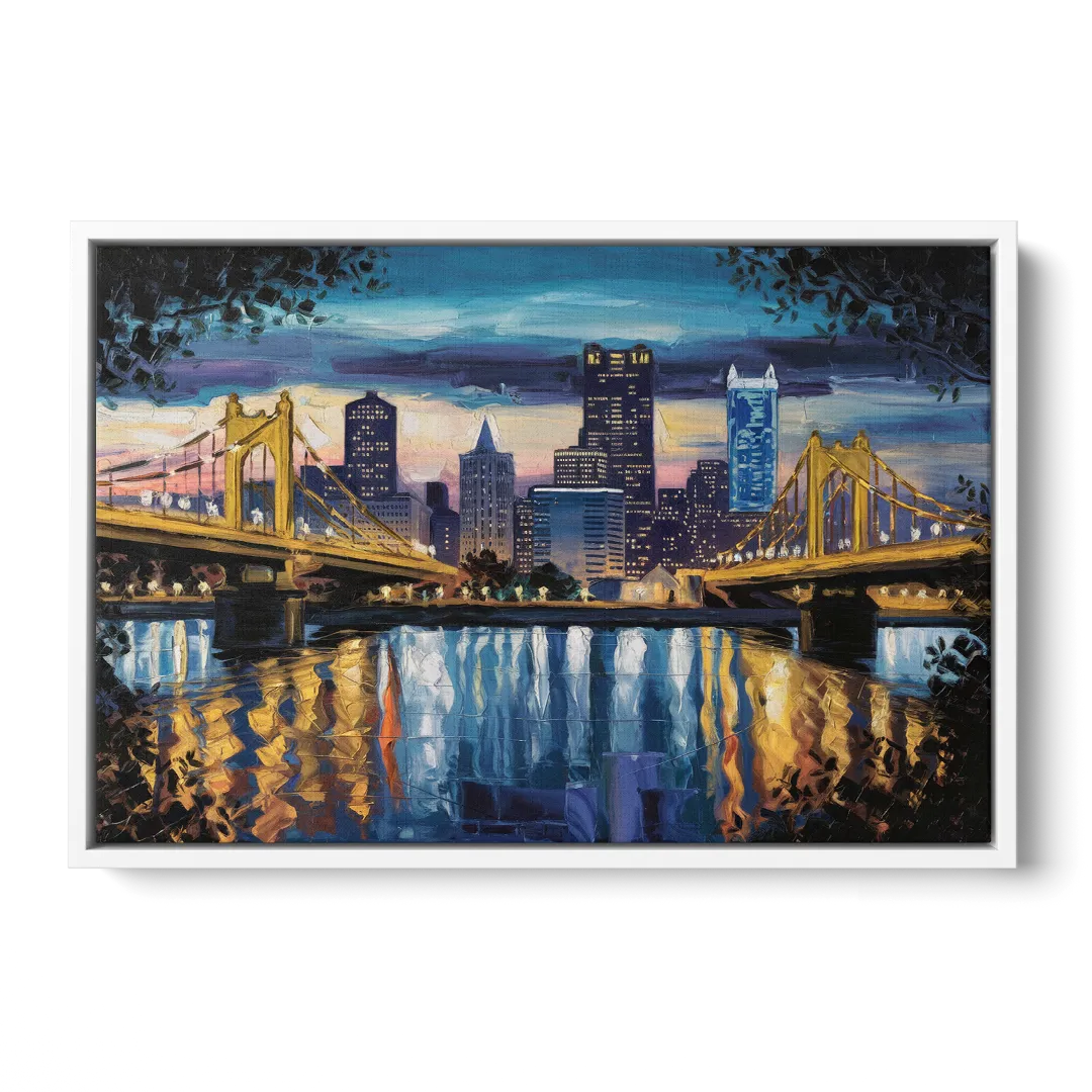 Pittsburgh Downtown Lights at Night - White Frame Canvas