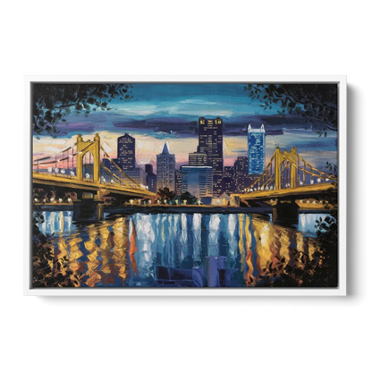 Pittsburgh Downtown Lights at Night - White Frame Canvas