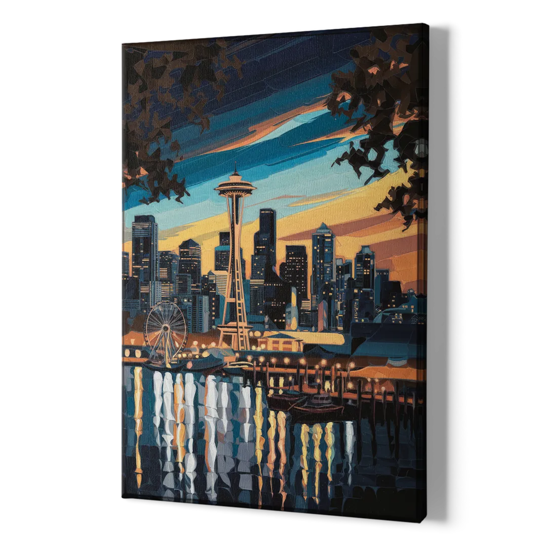 Seattle Waterfront at Twilight - Canvas Print Art Sides