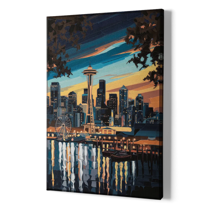 Seattle Waterfront at Twilight - Canvas Print Art Sides