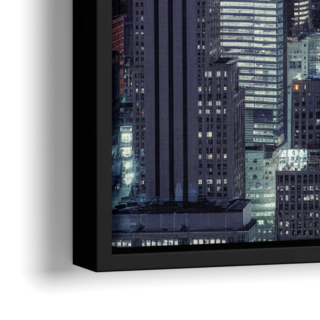 New York City Night Blue Lights Skyline - Close-Up Black Frame Canvas