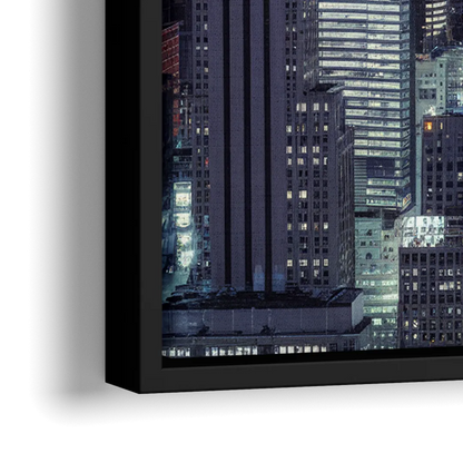 New York City Night Blue Lights Skyline - Close-Up Black Frame Canvas