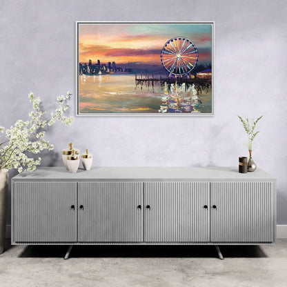Seattle Harbor With Ferris Wheel - Living Room White Frame Canvas