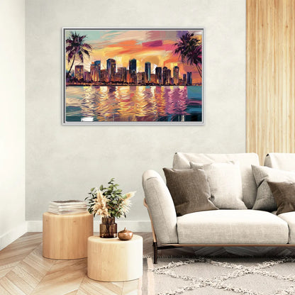 Miami Skyline At Sunset - Living Room White Frame Canvas