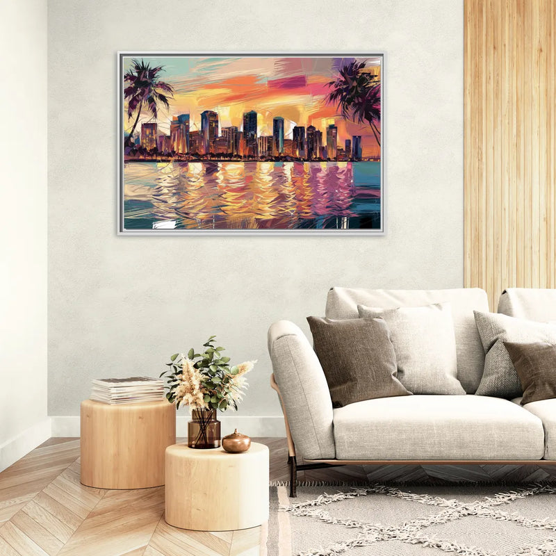 Miami Skyline At Sunset - Living Room White Frame Canvas