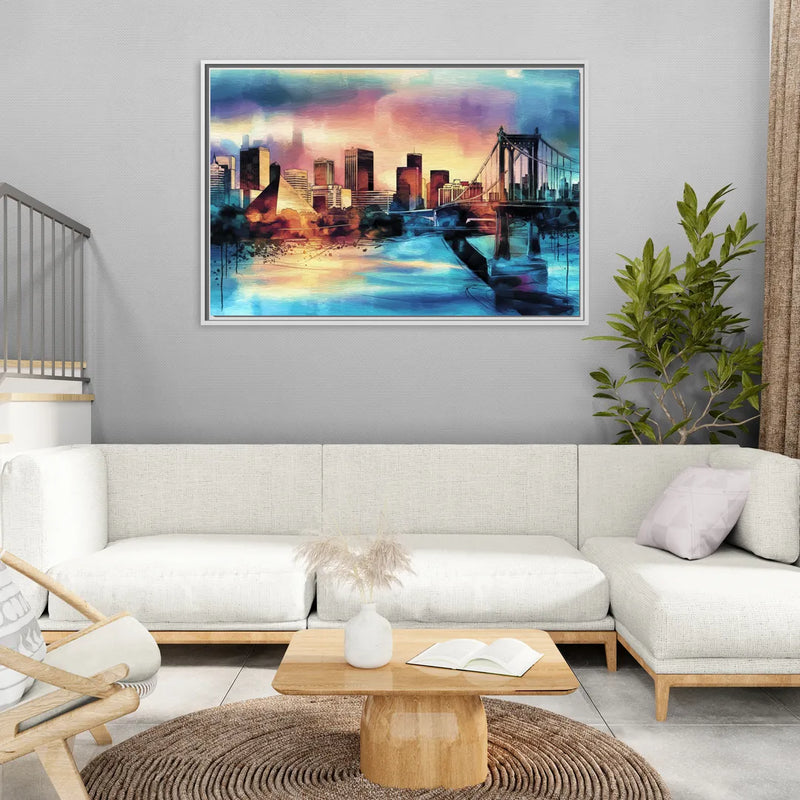 Memphis Architectural Landmarks - Living Room White Frame Canvas