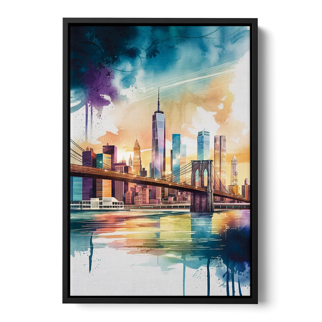 New York City Skyline in Watercolor Hudson - Black Frame Canvas