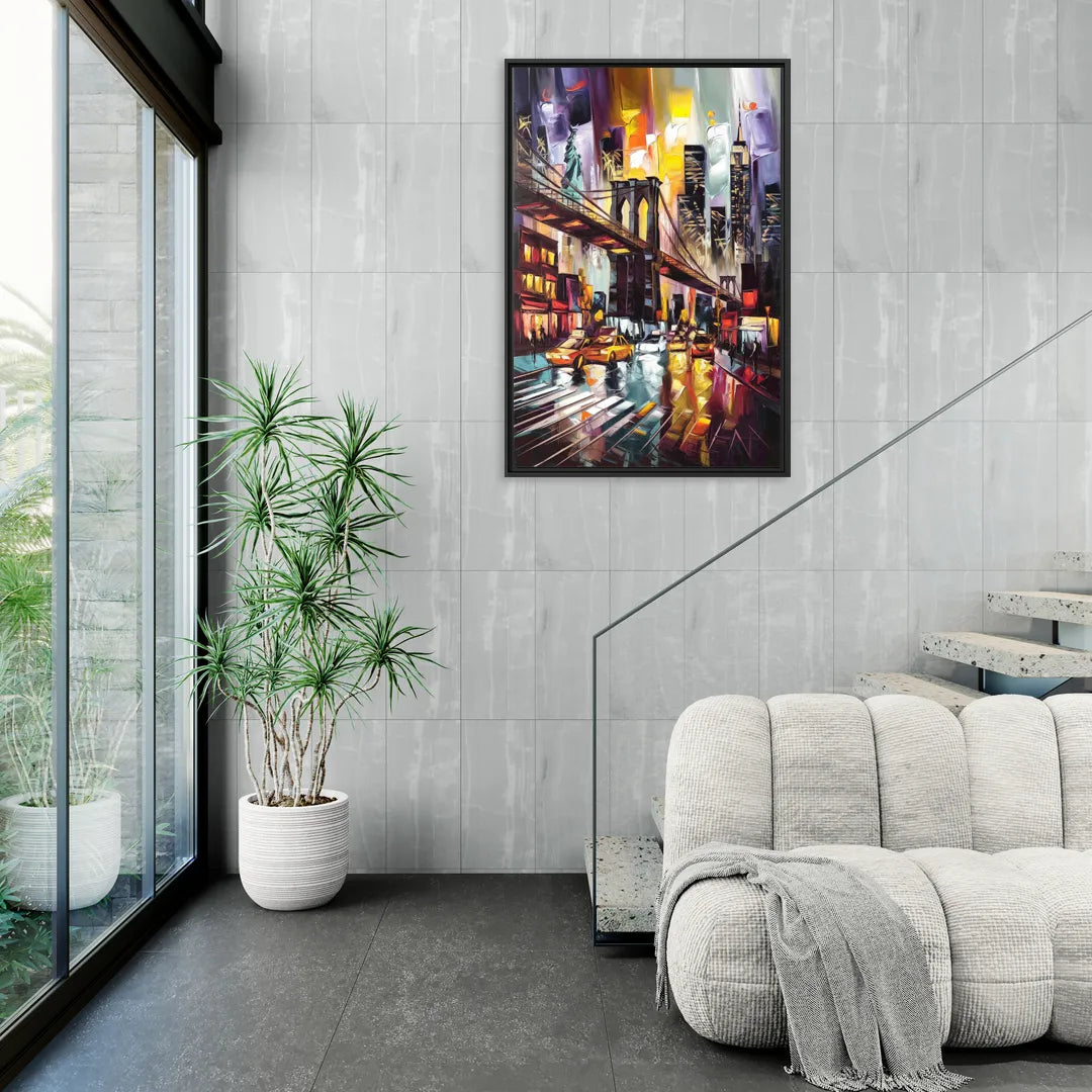 New York City Iconic Landmarks Collage Night - Living Room Black Frame Canvas