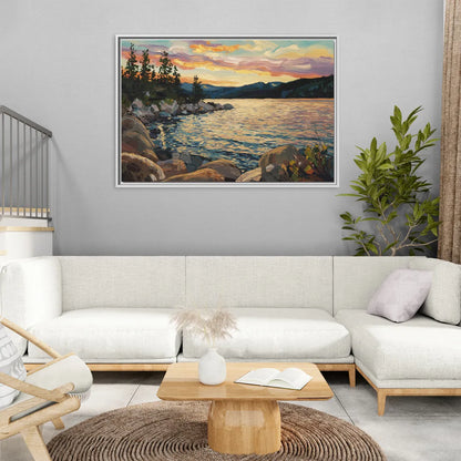 Lake Tahoe Sunset Reflections Serenity - Living Room White Frame Canvas