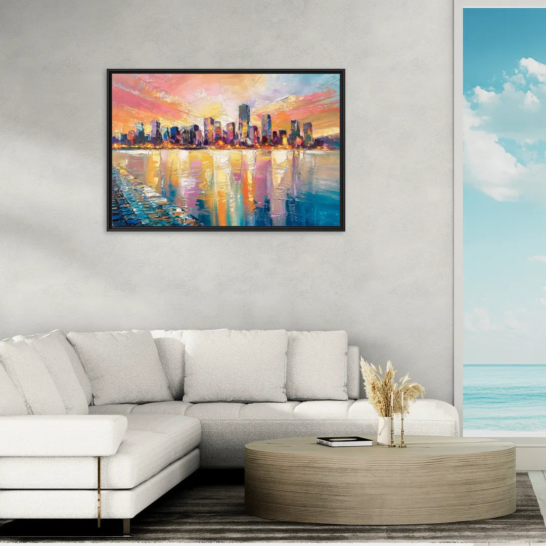 Boston Harbor Sunrise - Living Room Black Frame Canvas